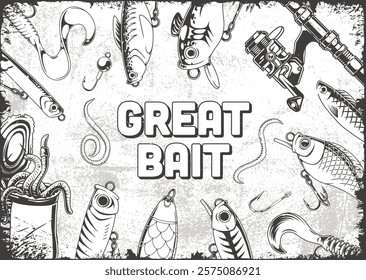 The design showcases various fish and fishing tools including a fishing rod hooks and colorful lures. The central text boldly states Great Bait emphasizing its importance in angling.