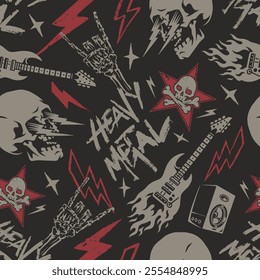 The design showcases a vibrant heavy metal theme with skulls guitars and lightning bolts creating an energetic and edgy visual appeal against a dark background.