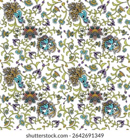 The design showcases a vibrant, seamless vector pattern in the traditional Madhubani folk art style
