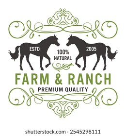 O design mostra um logotipo inspirado no vintage com dois cavalos de cada lado, enfatizando um compromisso com a qualidade natural e premium