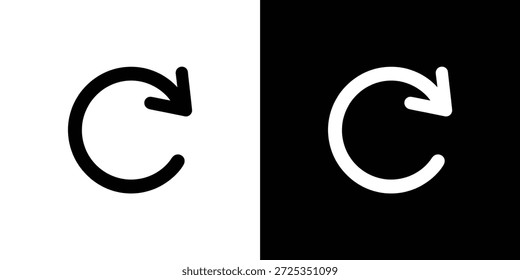 Ein Design, das zwei gekrümmte Pfeile mit Pfeilspitzen zeigt, einen schwarzen auf weißem Hintergrund und einen weißen auf schwarzem Hintergrund, der eine Auffrischung oder ein erneutes Laden symbolisiert.