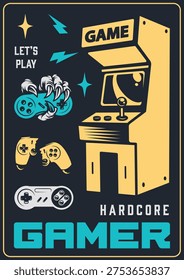 The design shows an arcade machine along with various game controllers. It includes phrases that celebrate gaming culture. The setting is bright and colorful appealing to players.