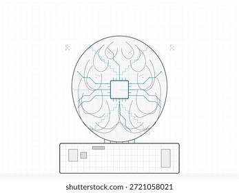 Das Design zeigt eine kreisförmige elektronische Leiterplatte mit einem quadratischen Chip in der Mitte. Es gibt mehrere Leitungen, die mit dem Chip verbunden sind. Der Gitterhintergrund hilft bei der Ausrichtung.
