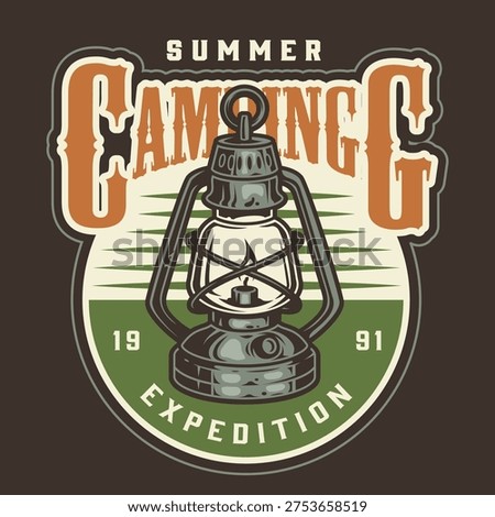 A design shows a classic lantern in front of a green background. The text mentions summer camping and an expedition year. The design evokes the spirit of outdoor adventure during camping.