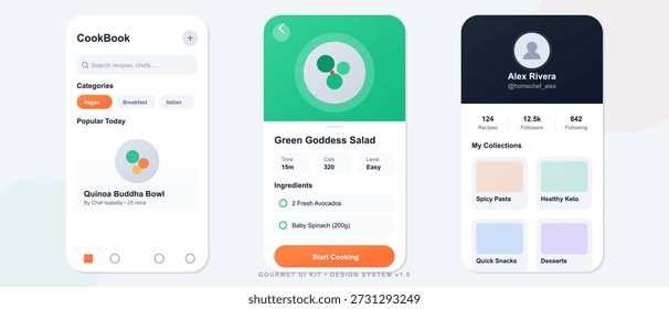 El diseño muestra un App de cocina con tres pantallas. Una pantalla muestra las categorías, otra muestra una receta de ensalada y la última muestra un perfil de usuario con opciones de colección.