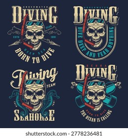 The design shows different diving styles with a skull as a central figure. It features images of snorkels diving gear and messages about diving. These elements highlight the diving theme.