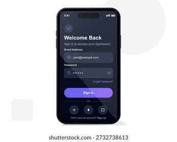 Design shows a mobile app screen prompting users to sign in with an email address and password. The background features simple shapes in dark mode.