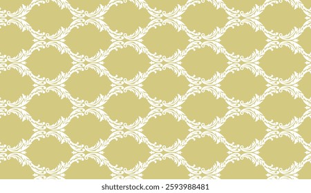 The design shows a repeating pattern of white, ornate, lattice-like shapes against a pale yellow background, ideal for wallpaper, textile, gift wrapping.