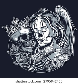 The design shows a skull holding hands with an angel wearing a crown. The angel has a gun and money. Roses are featured around them in a circular layout.