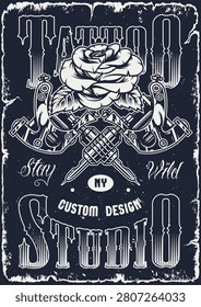 The design shows a tattoo studio theme with a rose and crossed weapons. It highlights the words custom design and stay wild. The style is bold and artistic.