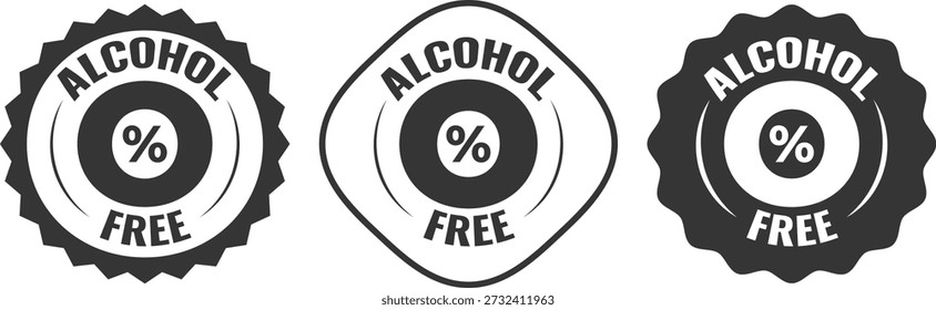 El diseño muestra tres iconos de insignias en blanco y negro etiquetados como libres de alcohol