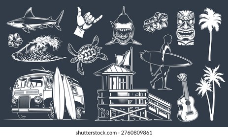 The design shows various beach elements. It includes waves surfboards marine life and a lifeguard tower. The setting represents a surfing location with palm trees and a laid-back vibe.