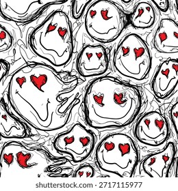 Un diseño muestra varias caras con corazones en los ojos. Las caras están dibujadas en contornos negros llenos de blanco y rojo. Este es un patrón divertido que atrae la atención.