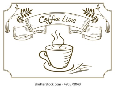 Design signboard for cafe or restaurant with coffee cup, corner ornament, tape and headline in style hand drawing and handwriting