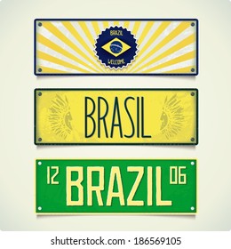 Design signboard in style car plates with inscription BRAZIL. Vector CMYK eps 10 