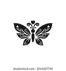 a design with silhouette art, a picture of a black butterfly
