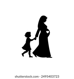 a design with silhouette art, a picture of a woman leading her child, mother's day
