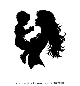a design with silhouette art, a picture of a woman holding her child, mother's day