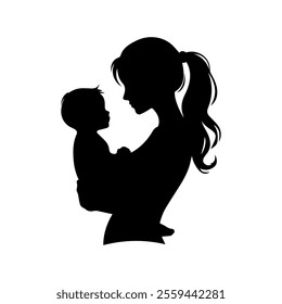 a design with silhouette art, a picture of a woman holding her child, mother's day