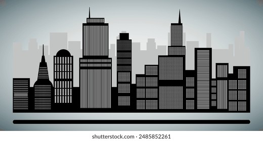 Diseño silueta de la ciudad. Edificio. El barrio. Vector blanco y negro sobre fondo gris.