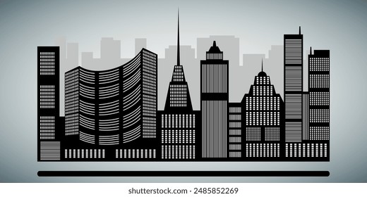 Diseño silueta de la ciudad. Edificio. El barrio. Vector blanco y negro sobre fondo gris.