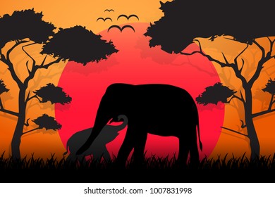 Design Silhouette of elephant  at sunset background, Animal wildlife silhouette paper art style.