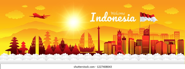 Design silhouette Illustration of Indonesia Icons, and landmarks with warm sunset background. Travel concept.