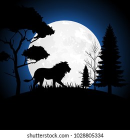 Design Silhouette of lion at night background, Animal wildlife silhouette paper art style.