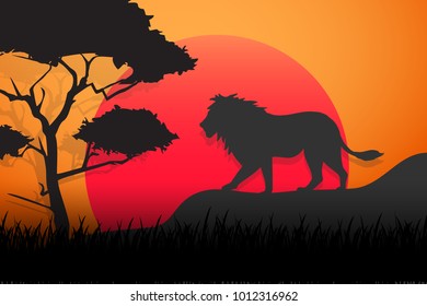 Design Silhouette of lion with sunset background, Animal wildlife silhouette paper art style.