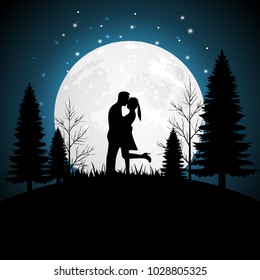 Design Silhouette of love at night background, couple in love, vector illustration, silhouette paper art style.