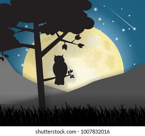 Design Silhouette of owl at night background, Animal wildlife silhouette paper art style.