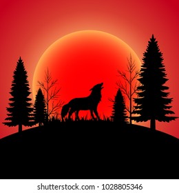 Design Silhouette of wolf at night background, Animal wildlife silhouette paper art style.