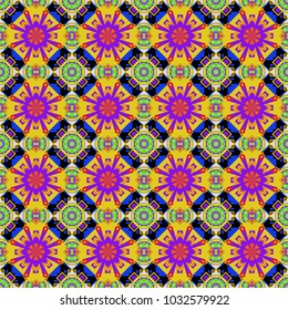 Design for silk neck scarf, kerchief, hanky. Abstract tiles with patterns in orange, violet and blue colors. Square seamless pattern design for pillow, carpet, rug. Vector illustration.