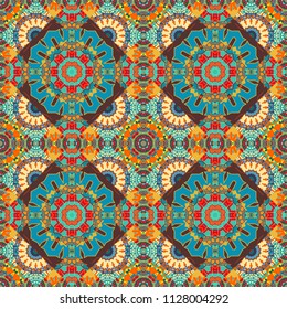 Design for silk neck scarf, kerchief, hanky. Abstract tiles with patterns in brown, blue and orange colors. Vector illustration. Square seamless pattern design for pillow, carpet, rug.