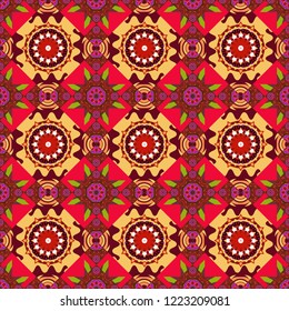Design for silk neck scarf, kerchief, hanky. Square seamless pattern design for pillow, carpet, rug. Abstract tiles with patterns in red, pink and yellow colors. Vector illustration.