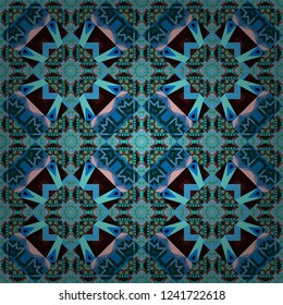 Design for silk neck scarf, kerchief, hanky. Square seamless pattern design for pillow, carpet, rug. Abstract tiles with patterns in brown, blue and black colors. Vector illustration.