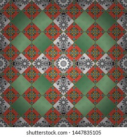 Design for silk neck scarf, kerchief, hanky. Square seamless pattern design for pillow, carpet, rug. Vector illustration. Abstract tiles with patterns in green, pink and gray colors.