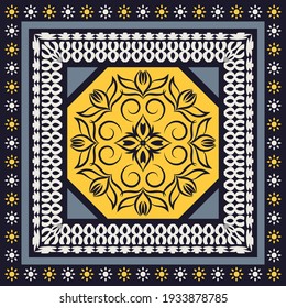 Design for silk scarf, bandana, shawl, hijab. Square textile print with abstract ornament. 