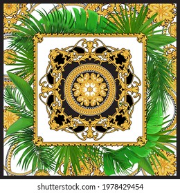 Design of silk scarf with golden rococo elements and tropical palm leaves