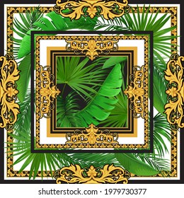 Design of silk scarf with golden rococo elements and tropical palm leaves