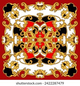 Design of silk scarf with golden scrolls in baroque style