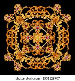 Design of silk scarf with ruby gem stones and golden scrolls on black background