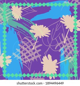Design for silk scarf, shawl, bandana, hijab. Abstract print with floral ornaments.