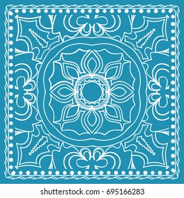 Design of the Silk Shawl Print with Geometric Flower Pattern. Vector illustration. Blue. For Print Bandana, Shawl, Carpet