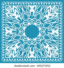 Design of the Silk Shawl Print with Geometric Flower Pattern. Vector illustration. Blue. For Print Bandana, Shawl, Carpet