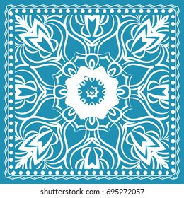 Design of the Silk Shawl Print with Geometric Flower Pattern. Vector illustration. Blue. For Print Bandana, Shawl, Carpet