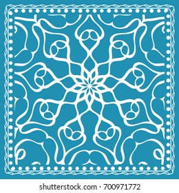 Design of the Silk Shawl Print with Geometric Flower Pattern. Vector illustration. Blue. For Print Bandana, Shawl, Carpet
