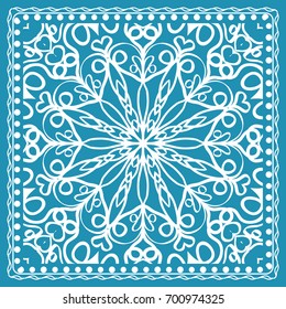 Design of the Silk Shawl Print with Geometric Flower Pattern. Vector illustration. Blue. For Print Bandana, Shawl, Carpet