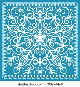 Design of the Silk Shawl Print with Geometric Flower Pattern. Vector illustration. Blue. For Print Bandana, Shawl, Carpet