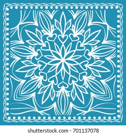 Design of the Silk Shawl Print with Geometric Flower Pattern. Vector illustration. Blue. For Print Bandana, Shawl, Carpet